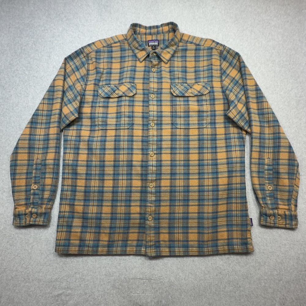 Patagonia Fjord Flannel Shirt Men XL Brown Blue Plaid Long Sleeve Organic Cotton